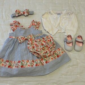 Beautiful seersucker dress with with shoes and sweater size 3-6 mos